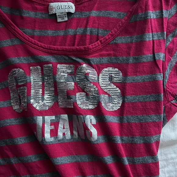 🌺 Y2K RHINESTONE SEQUIN GUESS JEANS HOT PINK STRIPED COQUETTE SHIRT - Picture 2 of 2